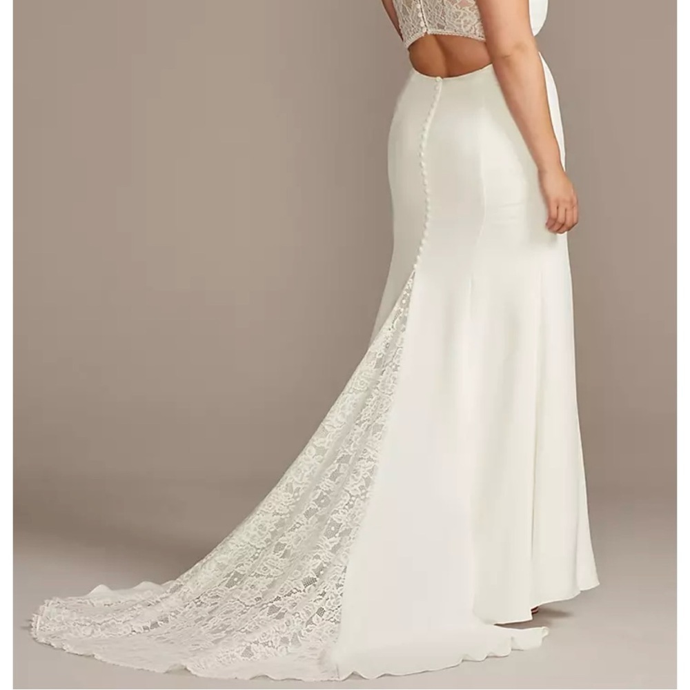 DAVID'S BRIDAL Sheer Back Crepe Wedding Dress with Lace Train - Picture 2 of 14